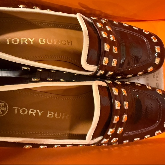 Tory Burch Maroon and Gold Studded Loafers - Picture 10 of 10